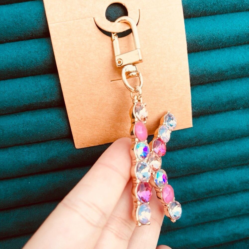 Rhinestone Letter “K” Keychain Bag Charm – Pink & Iridescent Crystals - Picture 7 of 10